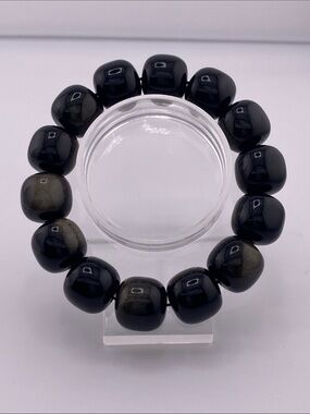 Golden Sheen Obsidian Bracelet - Natural Reflective Black Rounded Square Beads